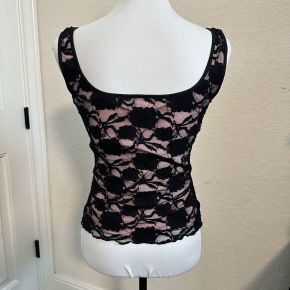 Y2k Dressbarn Black Pink Lace Tank Top Crochet Goth Corset Whimsygoth Small - Picture 2 of 6